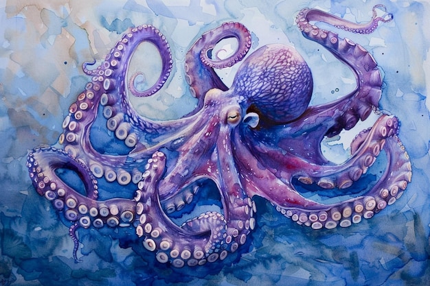 Pintura de pulpo de un pulpo púrpura con un fondo azul generativo ai