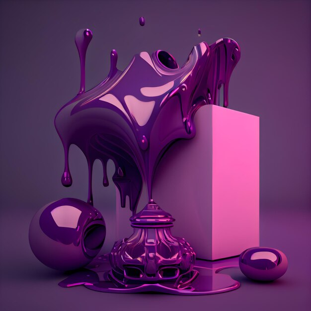 Pintura púrpura goteando de una botella 3d renderizado 3d ilustración