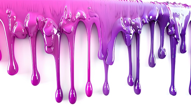 Foto pintura púrpura y rosa goteando por una pared blanca