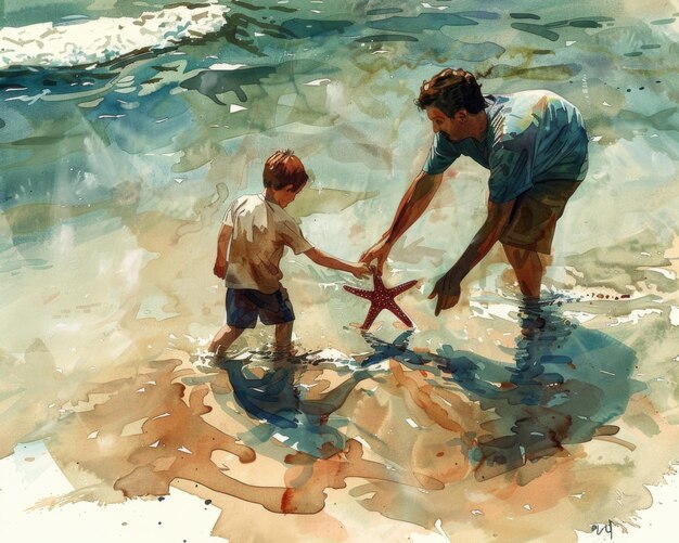 Una pintura que captura una conmovedora escena de un padre y su hijo unidos por una estrella de mar