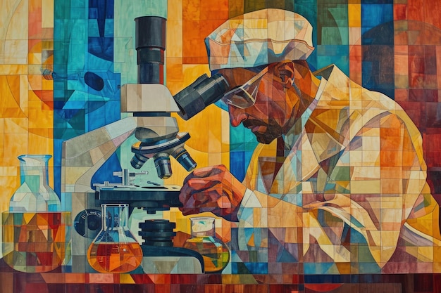 Una pintura que captura la escena de un hombre intensamente enfocado mientras mira a través de un microscopio Experimento científico en un estilo cubista AI Generado