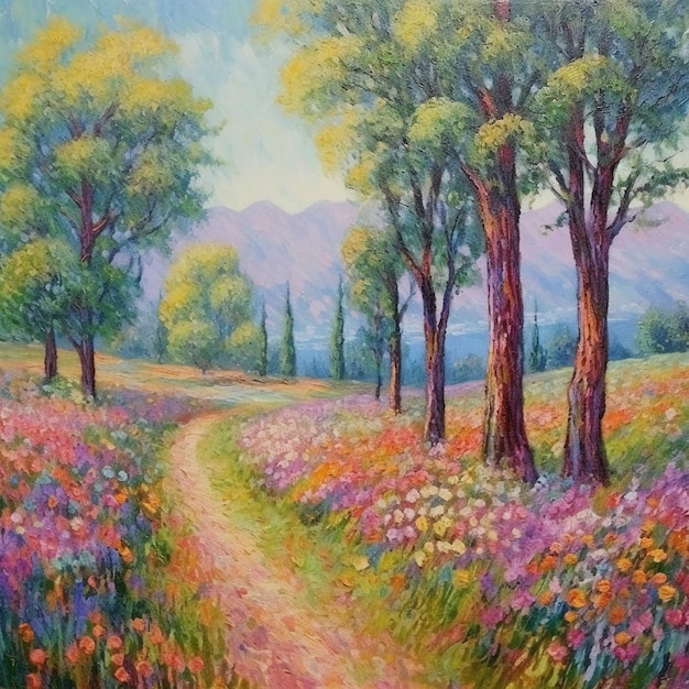 Una pintura que muestra árboles y flores al estilo de los paisajes impresionistas