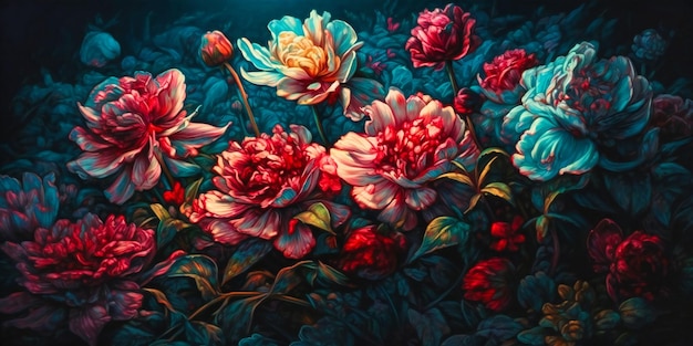 Una pintura que muestra las flores de colores en un ambiente oscuro