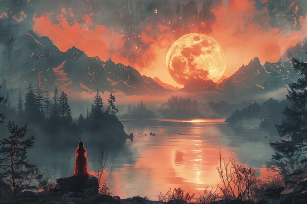 Una pintura que muestra a una persona sentada junto a un lago rodeada de la belleza de la naturaleza