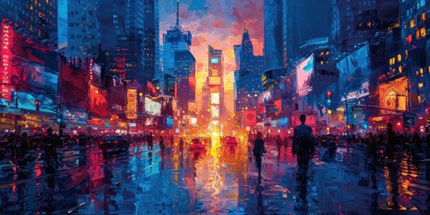 Una pintura que representa una bulliciosa calle de la ciudad por la noche iluminada por el resplandor de las luces de la calle y el neo