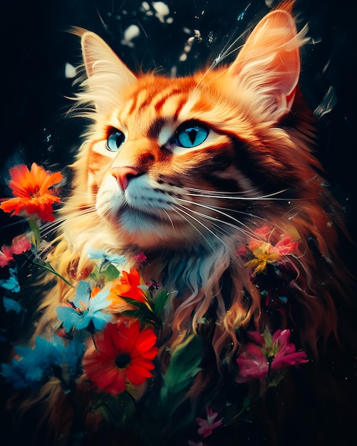 Pintura que representa la cara de un Maine Coon rojo.