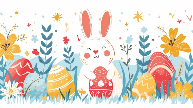 Una pintura que representa a un conejo lindo sosteniendo un colorido huevo de Pascua en sus patas El conejo está de pie en la hierba verde con flores en el fondo IA generativa