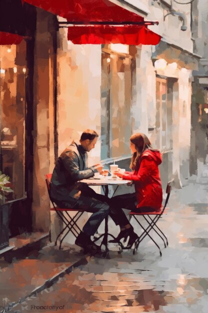 Una pintura que representa a dos personas en un café.