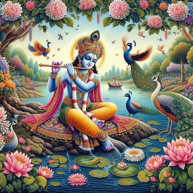 Pintura que representa el fondo de Krishna