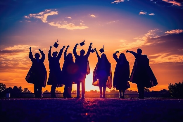 Una pintura que representa a graduados universitarios quitándose el sombrero al atardecer. IA generativa