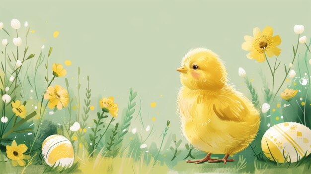 Una pintura que representa a un pollo vagando por un campo vibrante de flores coloridas en un día soleado