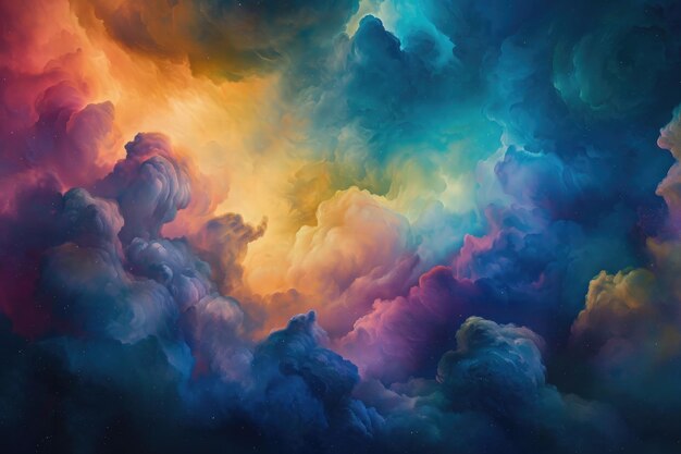 Una pintura que representa una vívida exhibición de nubes coloridas flotando en el cielo atractivo paisaje cósmico de nubes empapado de tonos vibrantes AI generado