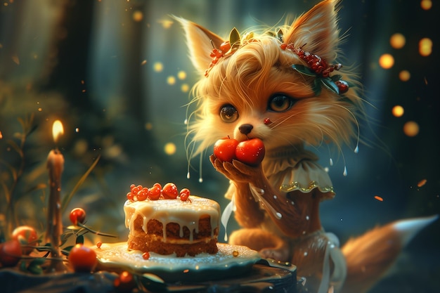 Una pintura que representa a un zorro comiendo ansiosamente un pedazo de pastel