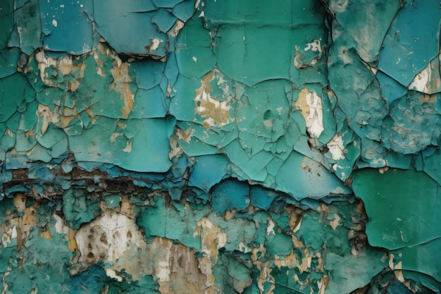 Pintura rachada e descascada em tons de azul e verde, criando um papel de parede desgastado e artístico