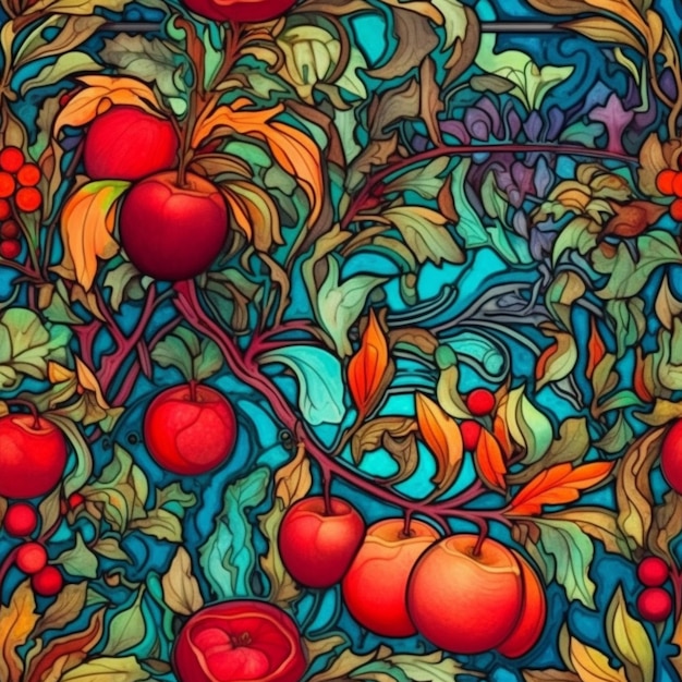 una pintura de un racimo de frutas en un árbol con hojas generativas ai