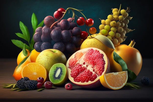 Pintura de racimo de frutas sobre mesa IA generativa