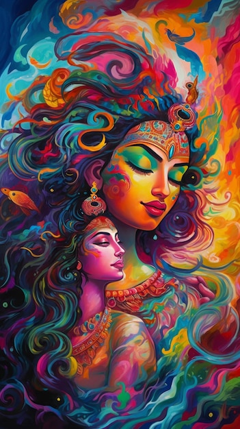 Pintura de radha krishna enamorada, obra de arte colorida, IA generativa