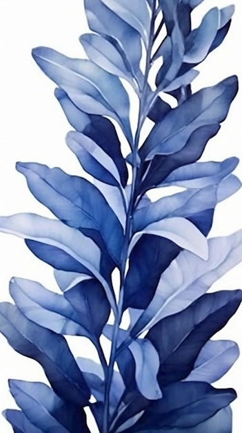 Pintura de rama de hoja de acuarela aislada monocromática de color azul en fondo blanco