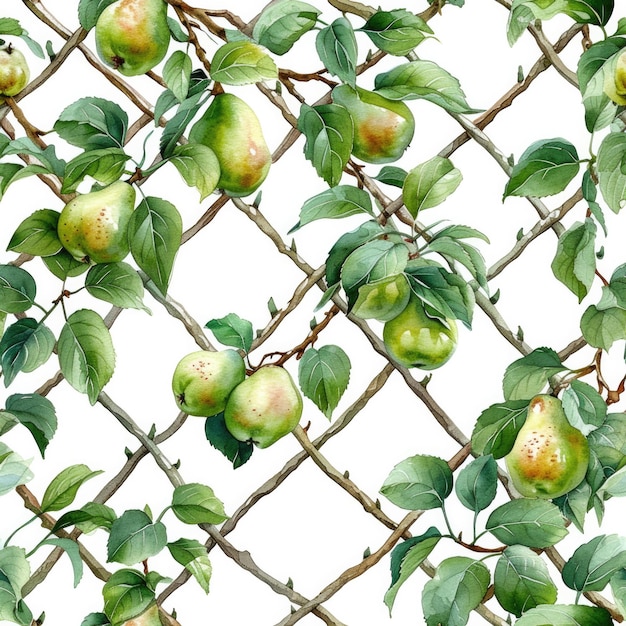 una pintura de una rama con hojas verdes y manzanas