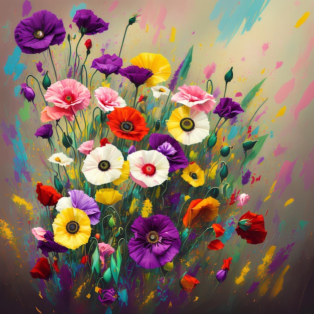 Una pintura de un ramo de flores con flores moradas, rosas y amarillas.