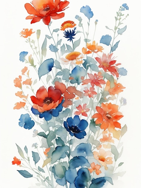 una pintura de un ramo de flores en un fondo blanco con hojas azules rojas naranjas y verdes