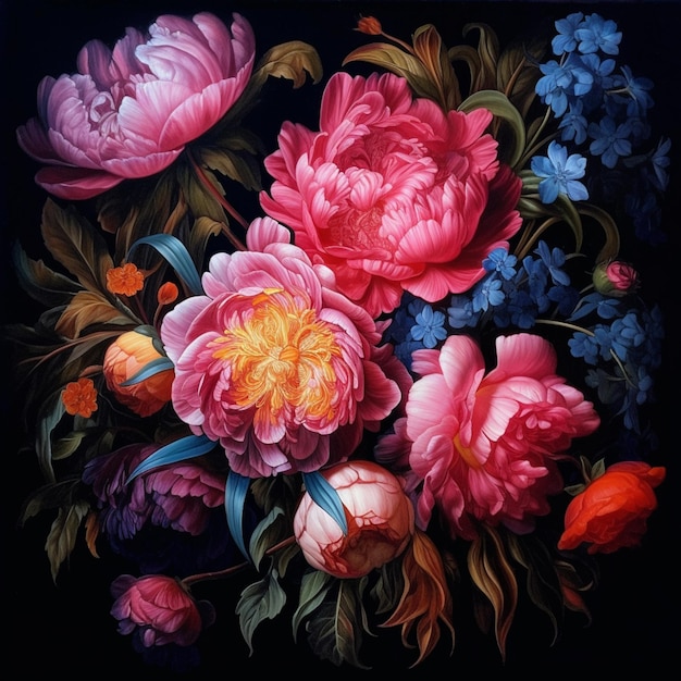 pintura de un ramo de flores con fondo negro ai generativo