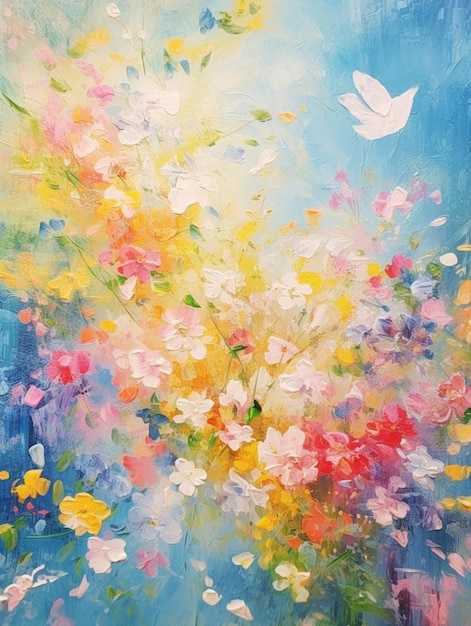 de una pintura de un ramo de flores con un pájaro volando por encima de la generativa ai