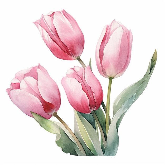 Una pintura de un ramo de tulipanes rosas.