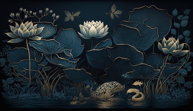 Una pintura de una rana y un estanque con hojas y mariposas.