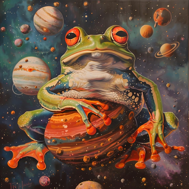 una pintura de una rana con un fondo espacial