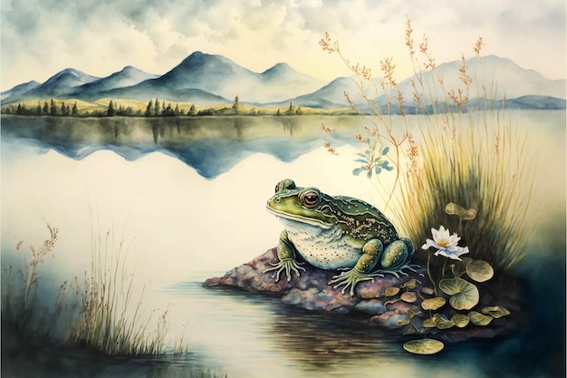 Pintura de una rana sentada encima de una roca generativa ai