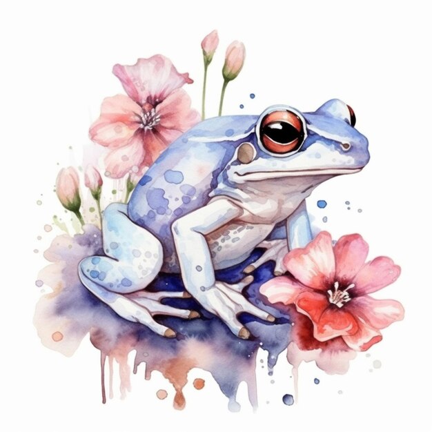 Foto una pintura de una rana sentada en una flor con un fondo blanco generativo ai