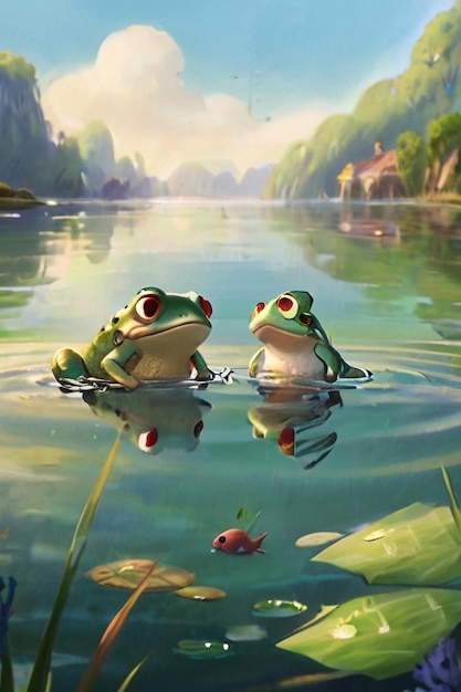 una pintura de ranas en el agua con una imagen de una rana y una rana