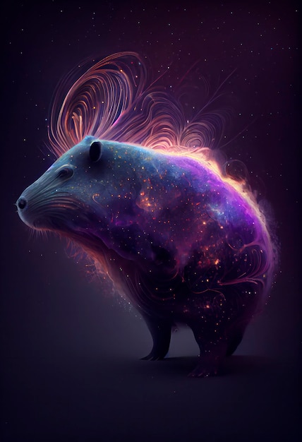 Una pintura de una rata con un fondo de galaxia.