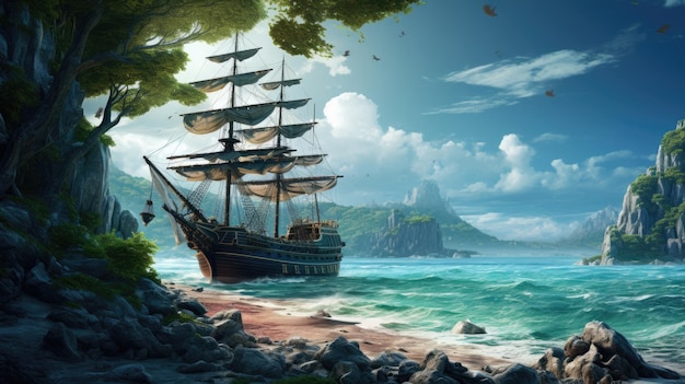Una pintura realista de un barco pirata navegando en un océano tormentoso.