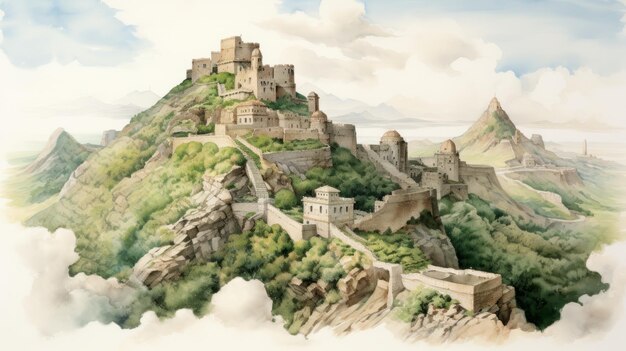 Pintura realista em aquarela de um castelo medieval em uma paisagem montanhosa