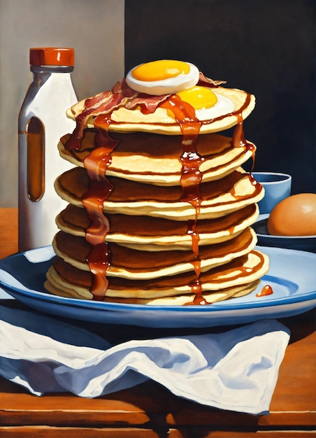Una pintura realista de una pila de panqueques huevos de tocino y una encimera de la cocina con complementarios