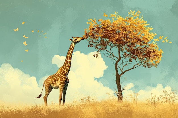 Una pintura realista que representa una jirafa de pie al lado de un árbol y disfrutando de una comida de hojas Una ilustración de una jirafa extendiendo la mano por las hojas en un árbol alto Generado por IA