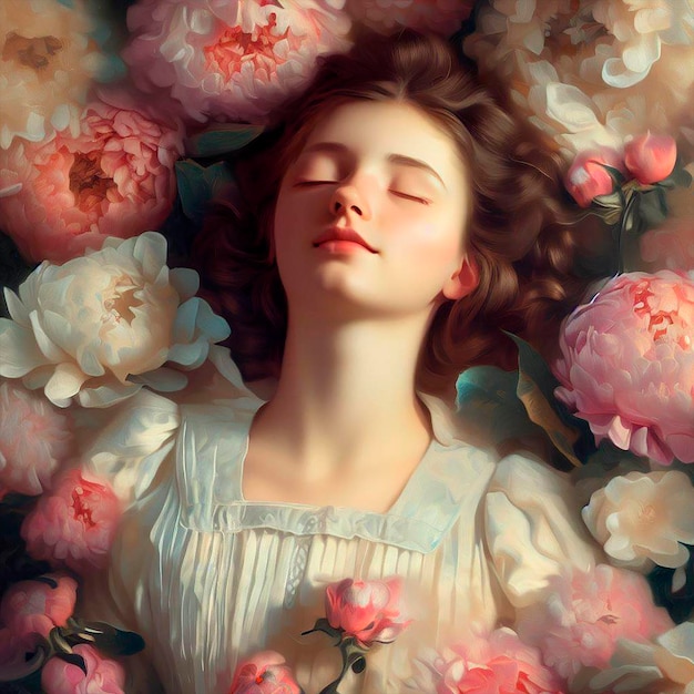 Pintura realista victoriana de una mujer joven acostada entre flores con los ojos cerrados