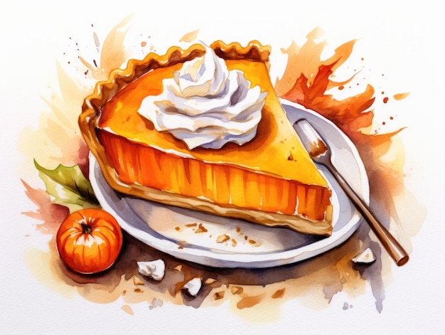 Una pintura de una rebanada de pastel de calabaza en un plato Imagen digital Pastel de calabaza