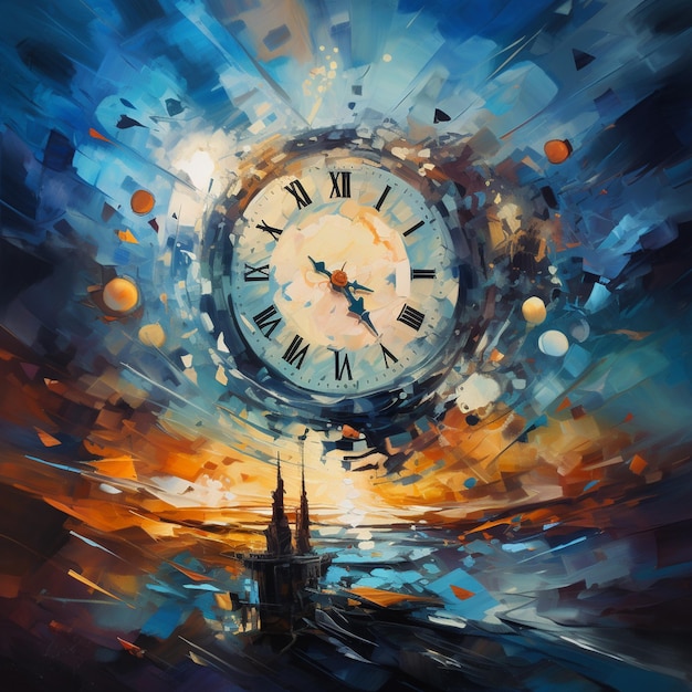 pintura de un reloj con un fondo de cielo y un edificio en primer plano generativo ai