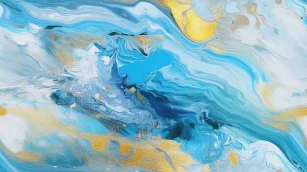 Una pintura de un remolino azul y dorado con las palabras 'azul' en él