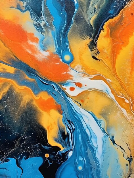 Una pintura de un remolino azul y naranja con las palabras "océano" en él