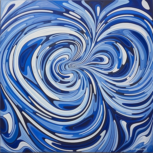 Una pintura de un remolino con pintura azul y blanca.