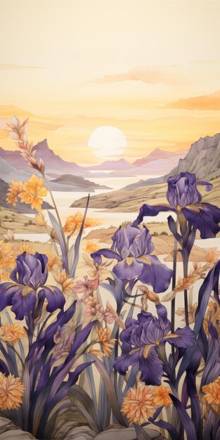 Pintura renacentista con tinta Paisaje de iris del desierto al amanecer de Valensole