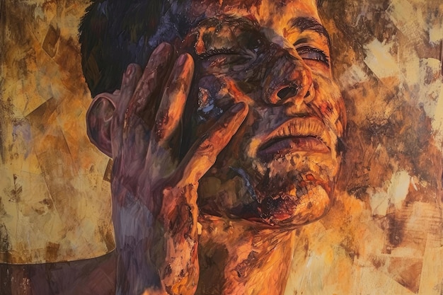 En esta pintura se representa a un hombre sosteniendo su cabeza en sus manos retratando una sensación de frustración o desesperación Representación artística del proceso de curación de quemaduras de la piel Generada por IA