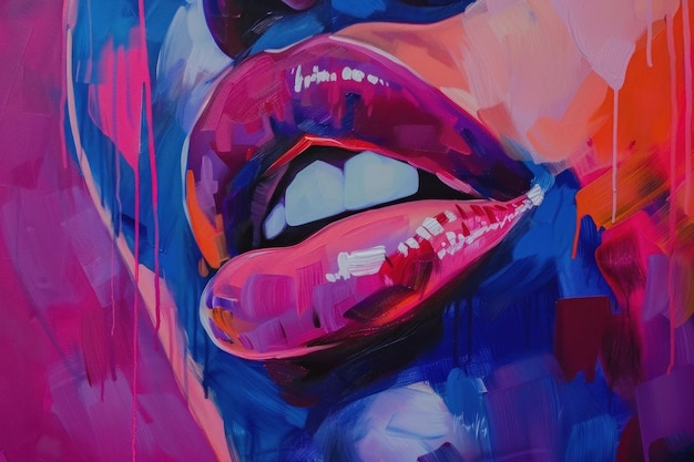 Esta pintura representa una vista de cerca de los labios de una mujer que muestra detalles intrincados como la textura c