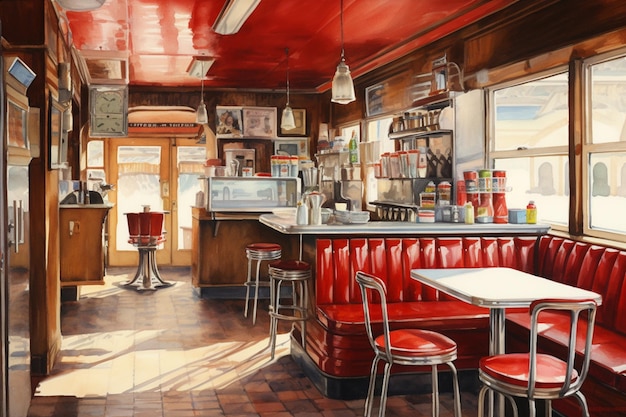 pintura de un restaurante con cabinas rojas y sillas rojas ai generativo