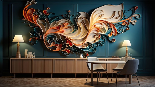 una pintura de un restaurante con una imagen de una flor en la pared