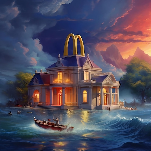 Una pintura de un restaurante mcdonald's en un día nublado.